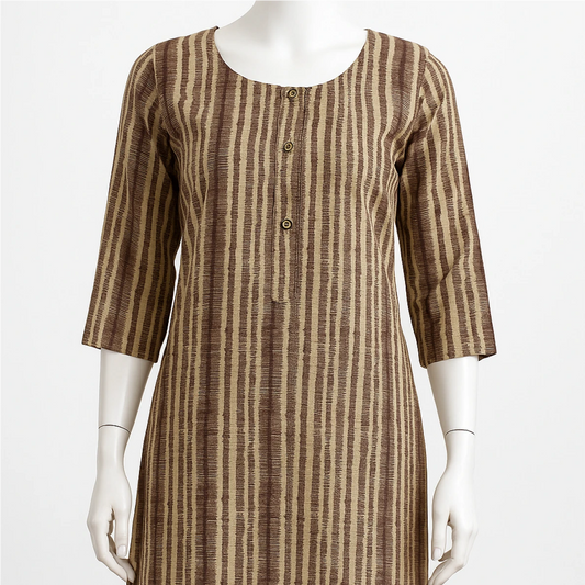 Brown and beige striped dress on a mannequin against a white background