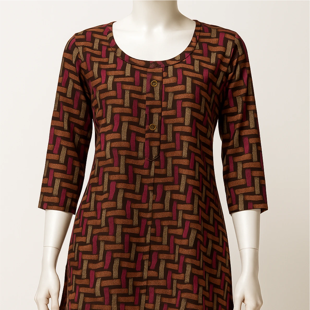 Patterned dress on a mannequin against a plain background