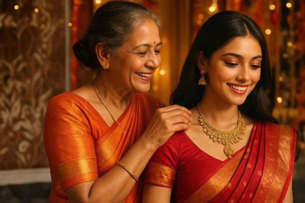 Two women in traditional attire with a warm, blurred background